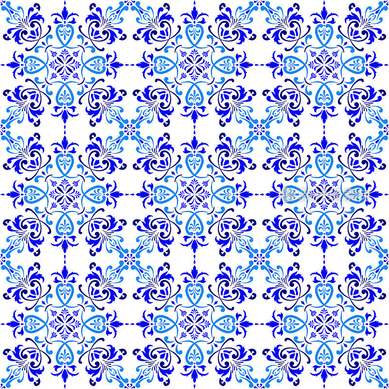 Vector tile pattern, Lisbon Arabic Floral Mosaic, Mediterranean Seamless Navy Blue Ornament.